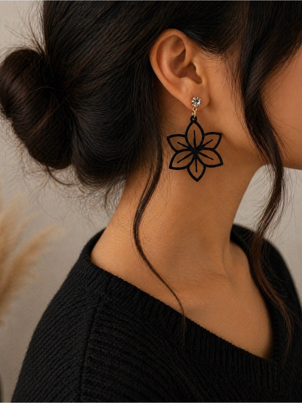 Black Floral Earrings - Picture 3 of 5
